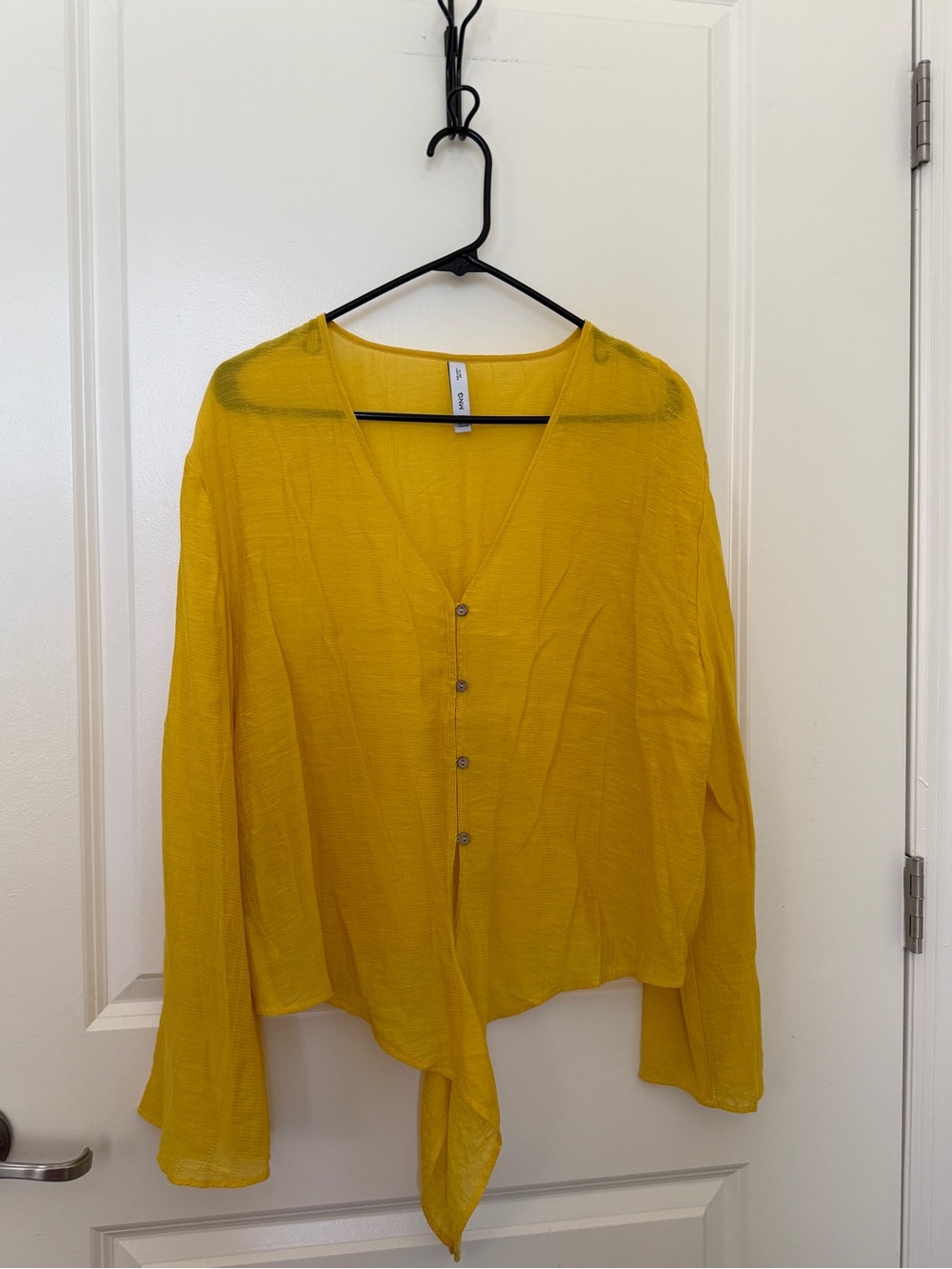 Mango Yellow Button-Front V-Neck Tie-Hem Blouse